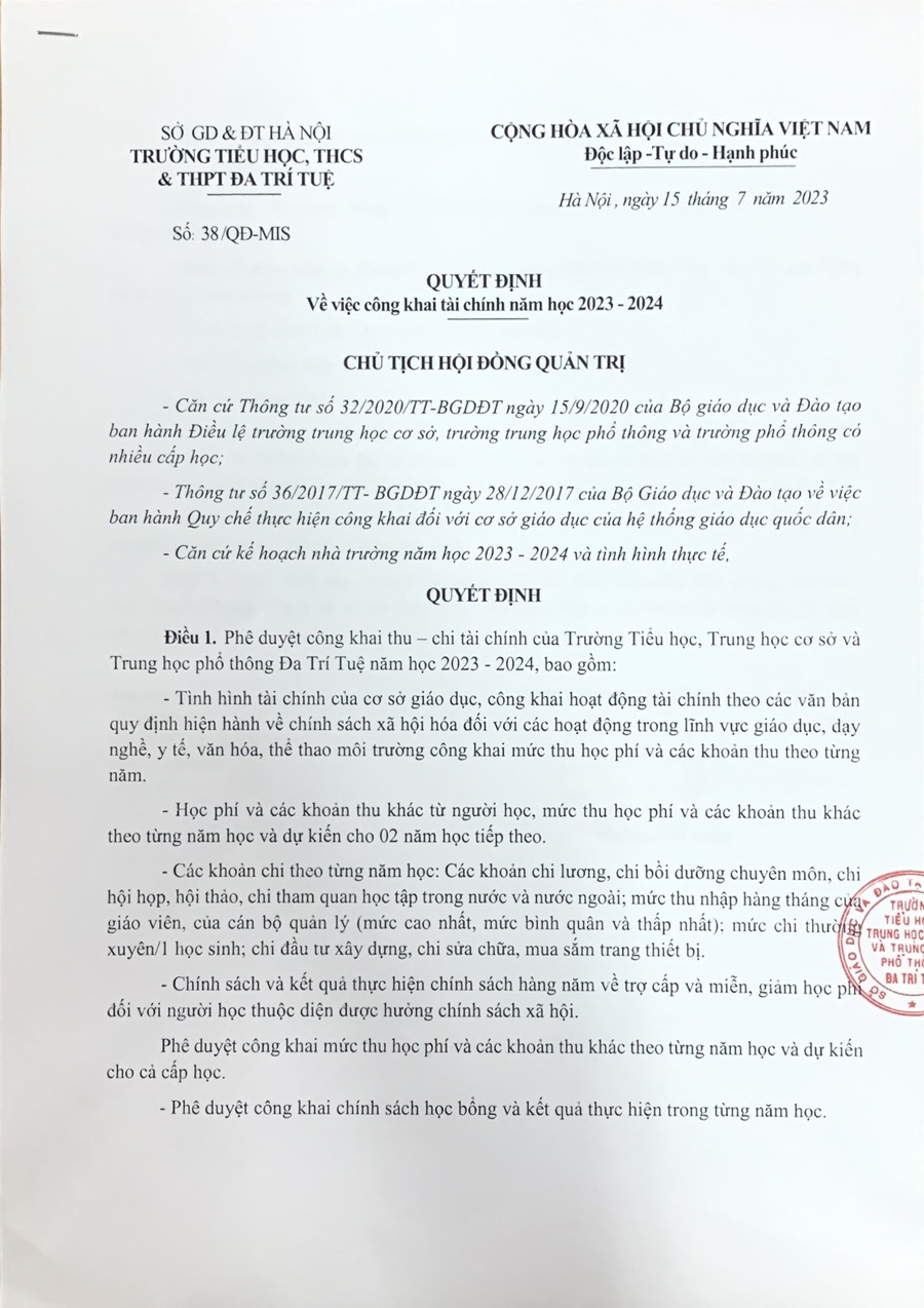 QUYẾT ĐỊNH CÔNG KHAI TÀI CHÍNH NĂM HỌC 2023-2024