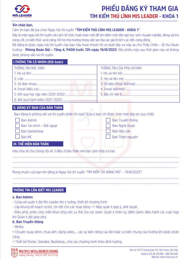 PHIẾU ĐĂNG KÍ THAM GIA TÌM KIẾM THỦ LĨNH MIS LEADER – KHÓA 1