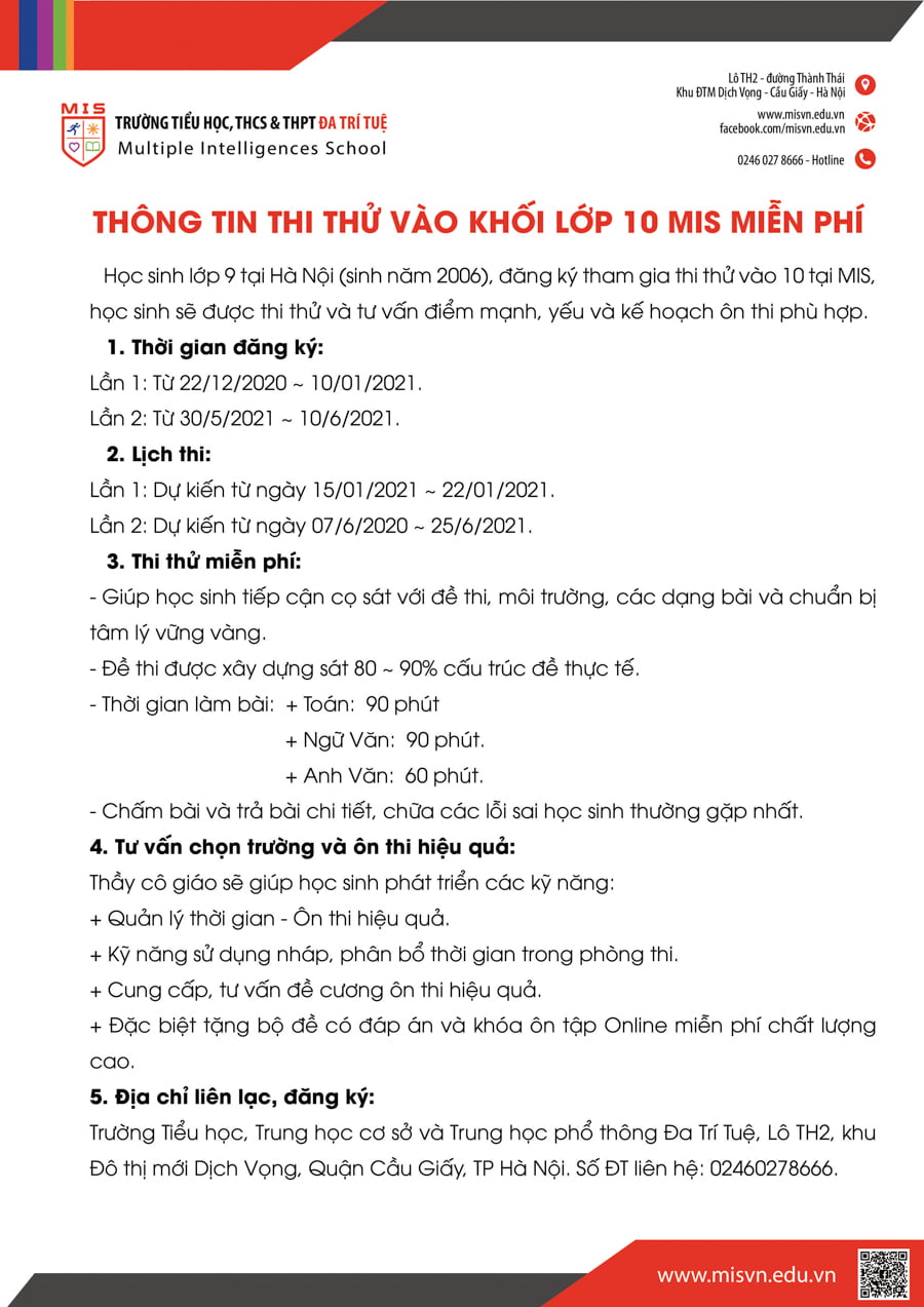 THÔNG TIN THI THỬ VÀO KHỐI LỚP 10 MIS MIỄN PHÍ