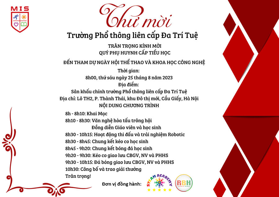 TRÂN TRỌNG KÍNH MỜI QUÝ PHỤ HUYNH ĐẾN THAM DỰ NGÀY HỘI THỂ THAO VÀ KHOA HỌC CÔNG NGHỆ CỦA TRƯỜNG TIỂU HỌC ĐA TRÍ TUỆ