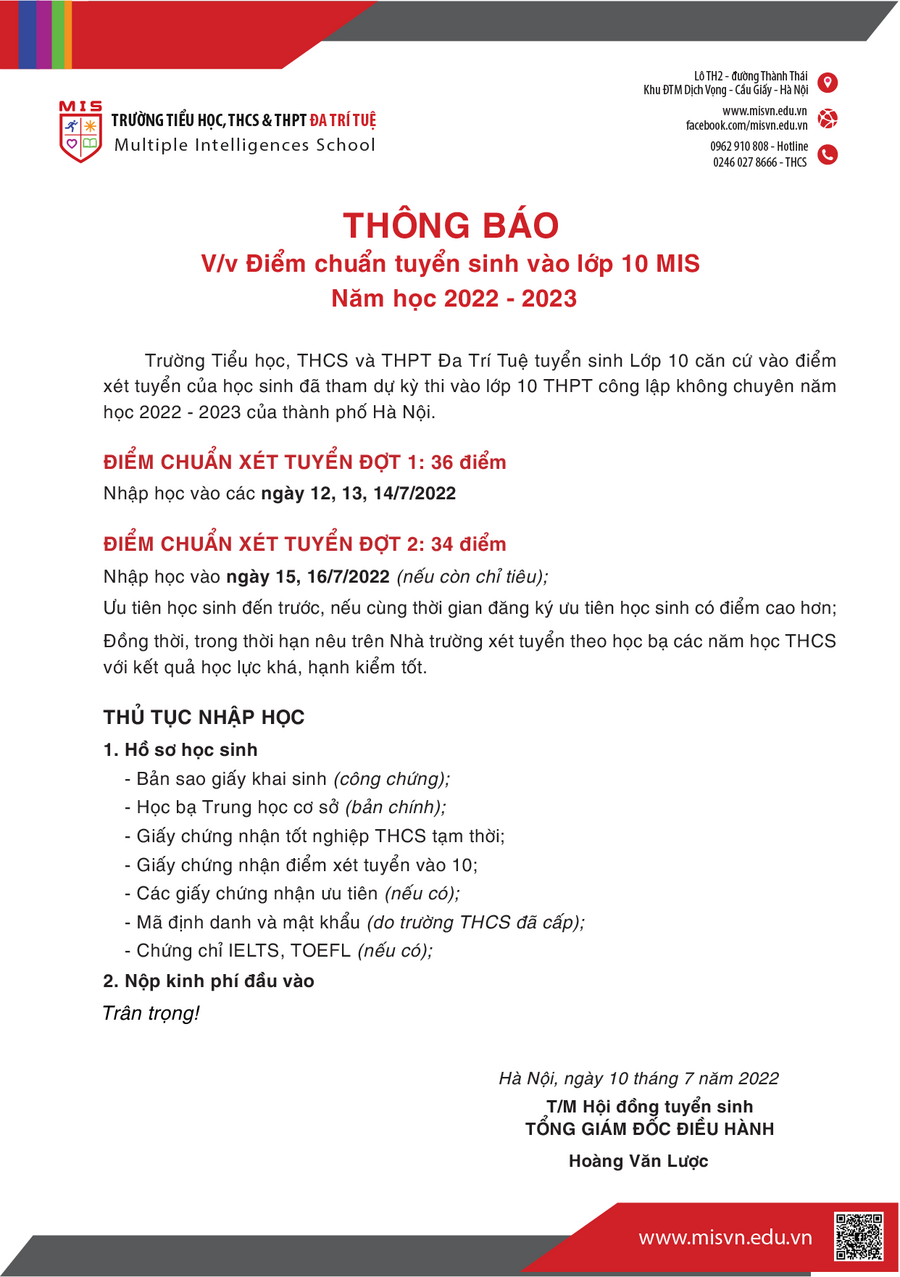 ĐIỂM CHUẨN VÀO LỚP 10 MIS – CĂN CỨ ĐIỂM XÉT TUYỂN VÀO 10 THPT CÔNG LẬP Năm học 2022 – 2023