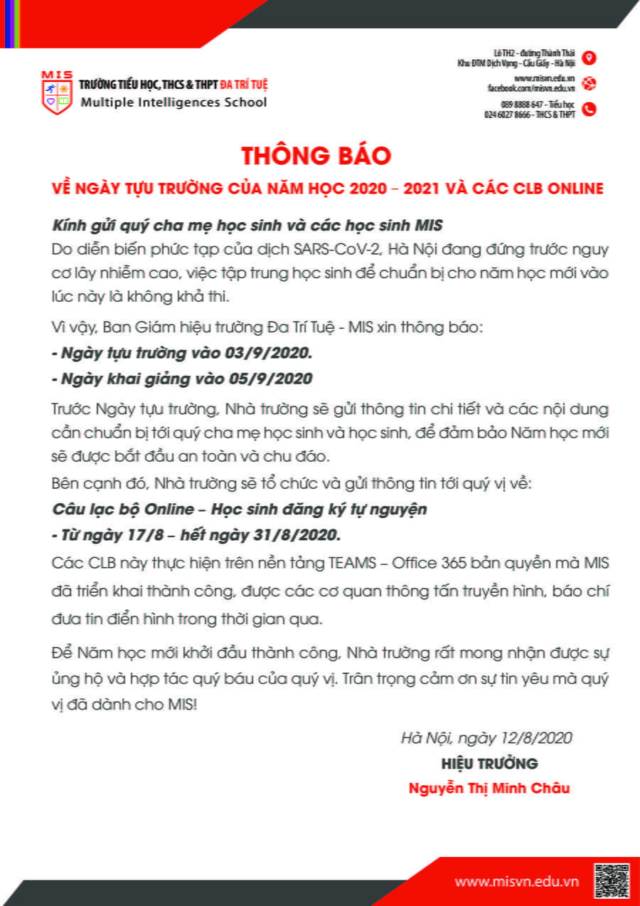 THÔNG BÁO VỀ NGÀY TỰU TRƯỜNG CỦA NĂM HỌC 2020 – 2021 VÀ CÁC CLB ONLINE