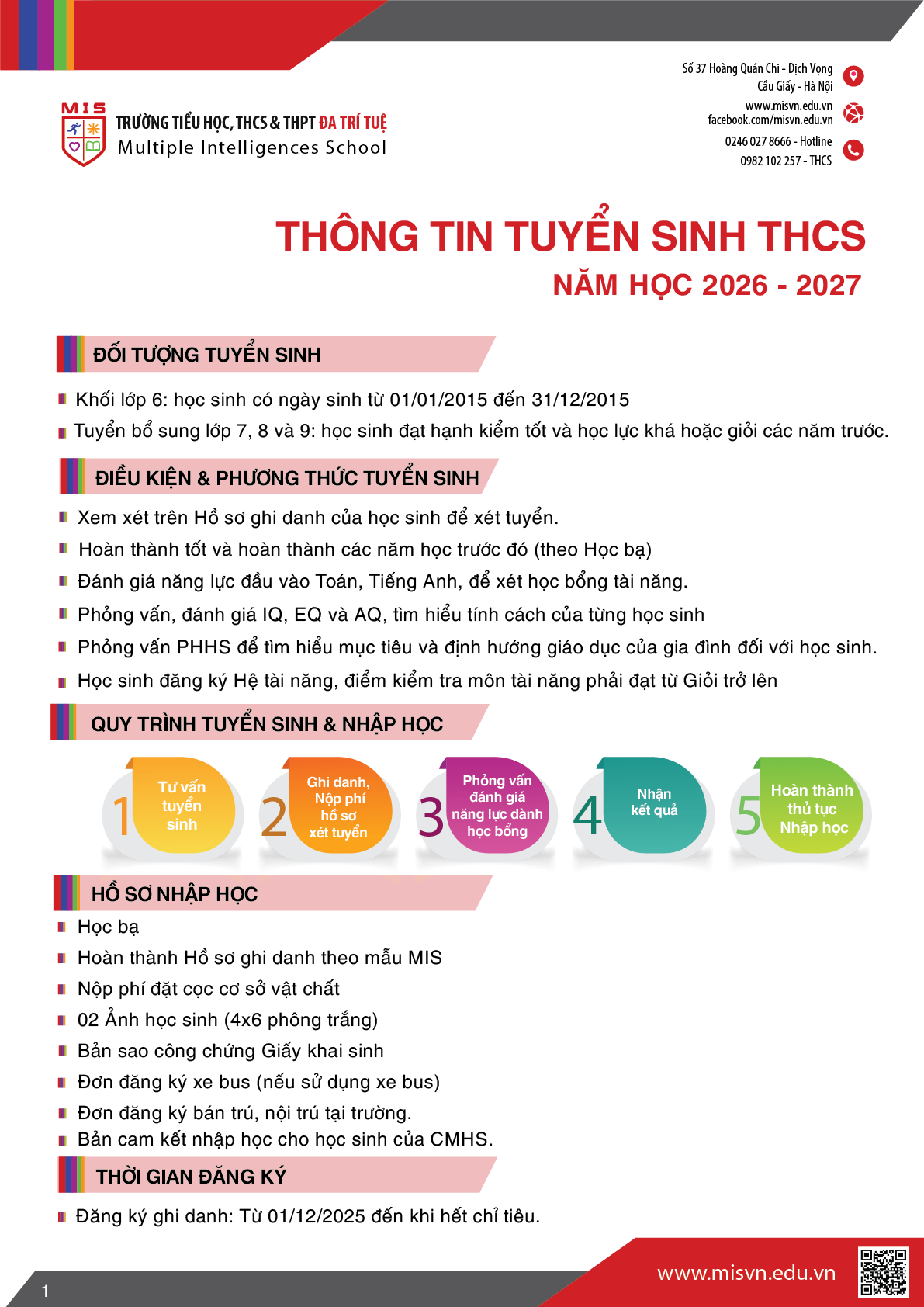 Thông tin tuyển sinh Trung học cơ sở năm học 2026-2027
